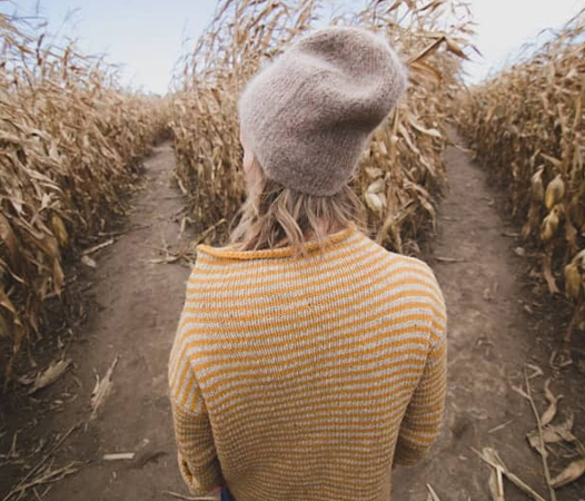 Blonde woman in a beanie and yellow striped sweater walking through cornfields at a fork in the path